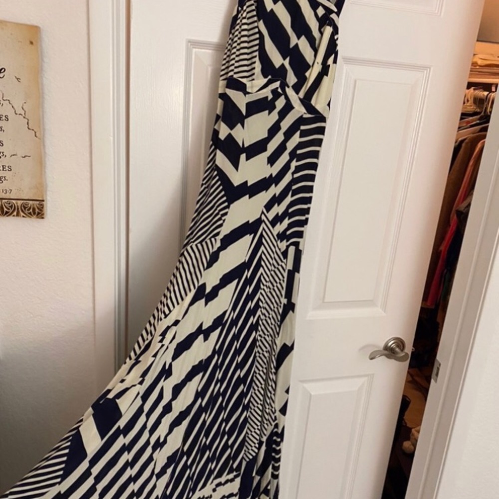 Navy and white patterned long flowy dress